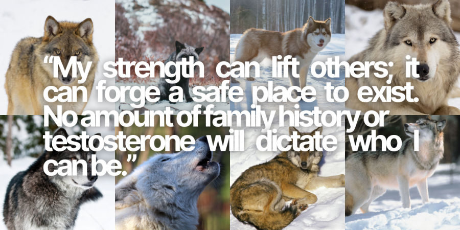 Werewolf collage with a quote overlayed: “My strength can lift others; it can forge a safe place to exist. No amount of family history or testosterone will dictate who I can be.”