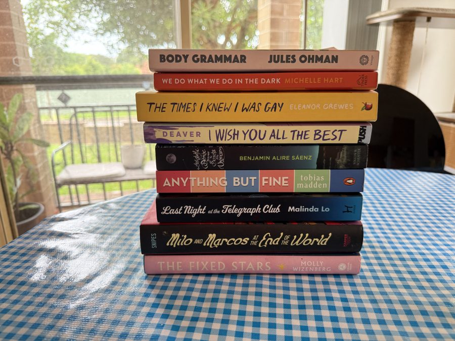 Stack of queer young adult fiction books.